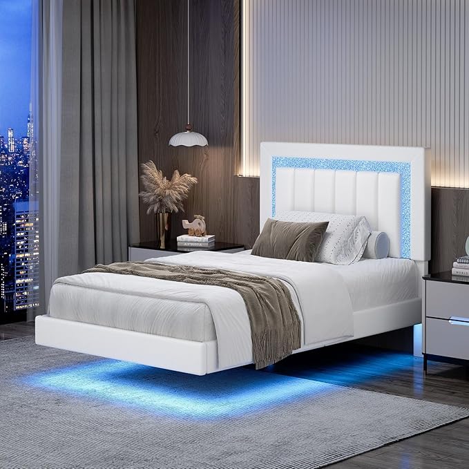 HOMBCK Floating Twin Bed Frame with Smart LED Lights, Faux Leather Upholstered Platform Bed with Diamond Headboard, No Box Spring Needed, Noise-Free, Easy Assembly, White