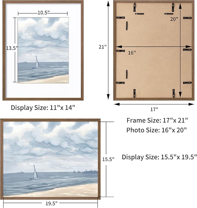 Axeman 16x20 Picture Frame with Mat for 11x14, Solid Oak Wood Poster Frame with Tempered Glass for Home Decor, Wooden 16x20inch Photo Frame for Art Photo and Prints, Wall Hook Included, Walnut
