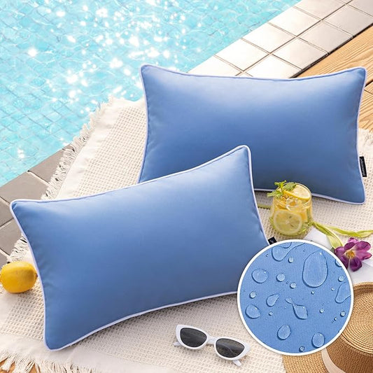 Phantoscope Pack of 2 Outdoor Waterproof Throw Pillow Covers Decorative Square Cushion Case Patio Pillows for Couch Tent Sunbrella, Foggy Blue 12x20 inches