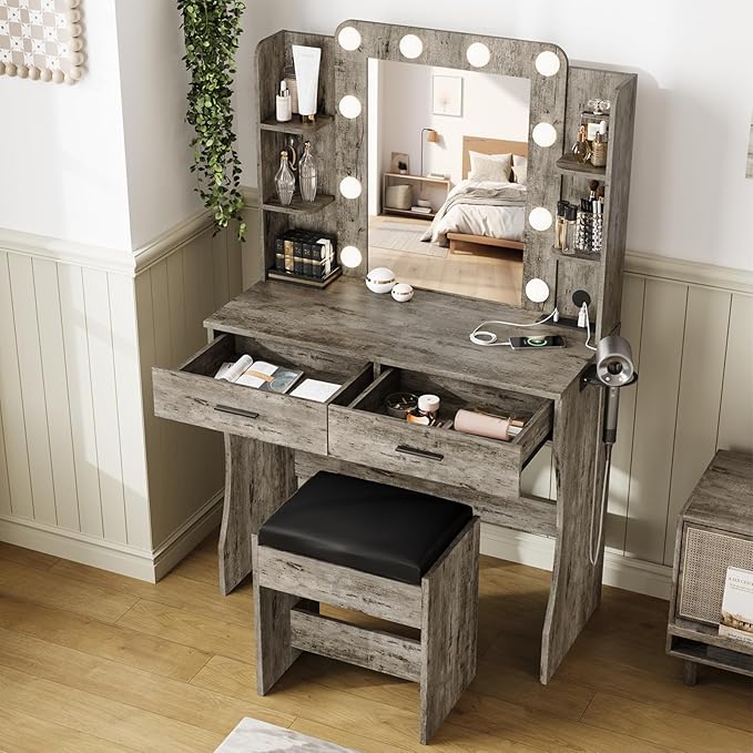 Maupvit Vanity Desk with Mirror and Lights,Makeup Vanity Table Set with Power Outlet,3 Lighting Modes & Adjustable Brightness Dressing Table with 2 Drawers for Bedroom Dressing Room,Light Oak Grey