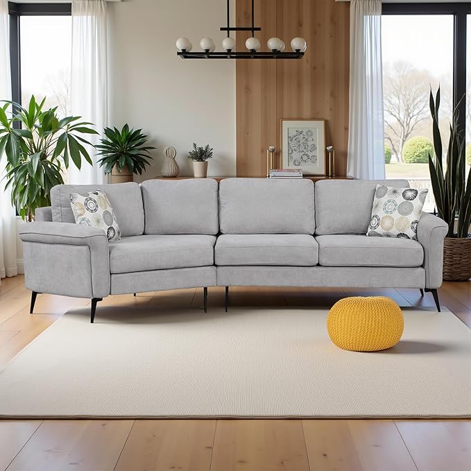 111" Sectional Couch, Upholstered Curved Sofa Couch with Two Printed Pillows, Sectional Couches for Living Room and Office, Cool Grey