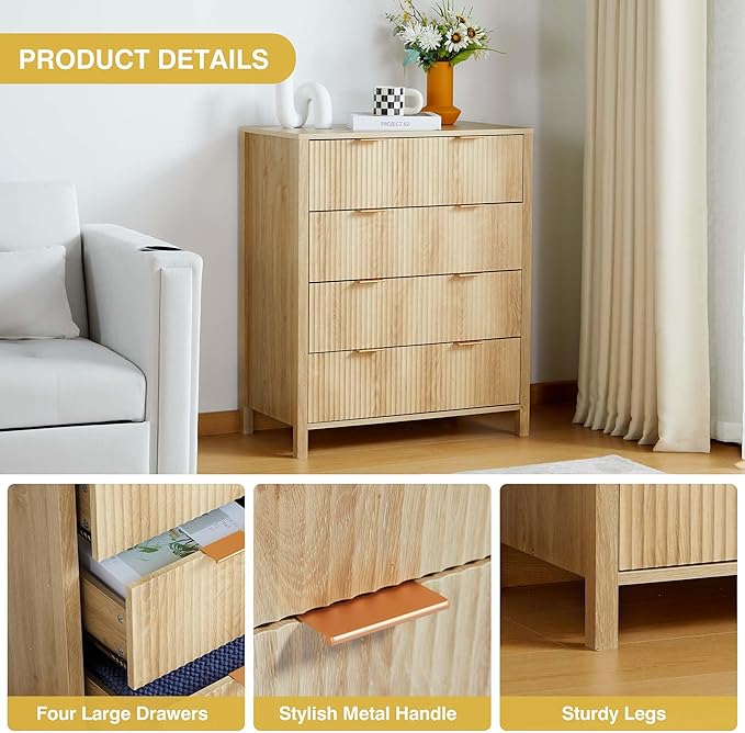 Fluted 4 Drawer Tall Dresser for Bedroom, Mid Century Modern Nightstand with Drawers, Tall Bedside Table for Closet Cloth, Living Room End Table with Storage for Dorm -Natural