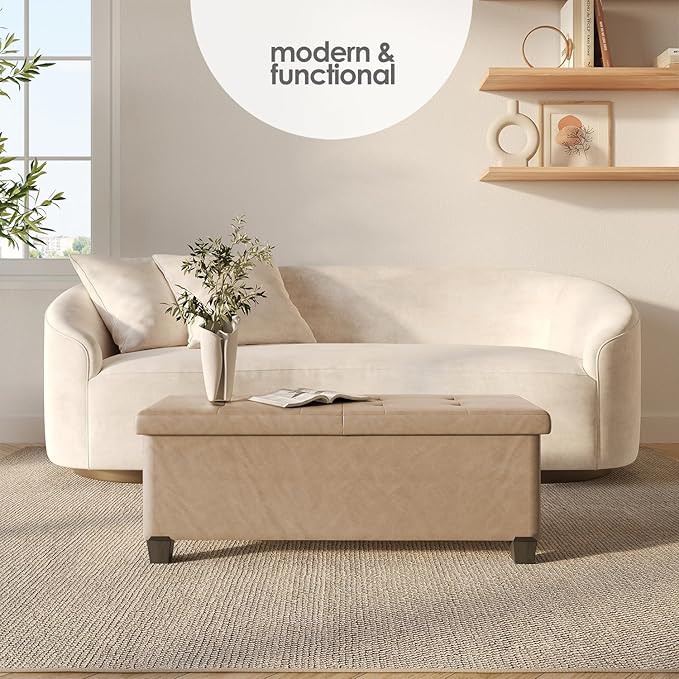 STORAGEBUD Storage Ottoman Bench with Bins, 43-in Storage Bench for Bedroom End of Bed, Folding Foot Rest Ottoman for Living Room Max 660lbs, Faux Leather Ottomans, Taupe