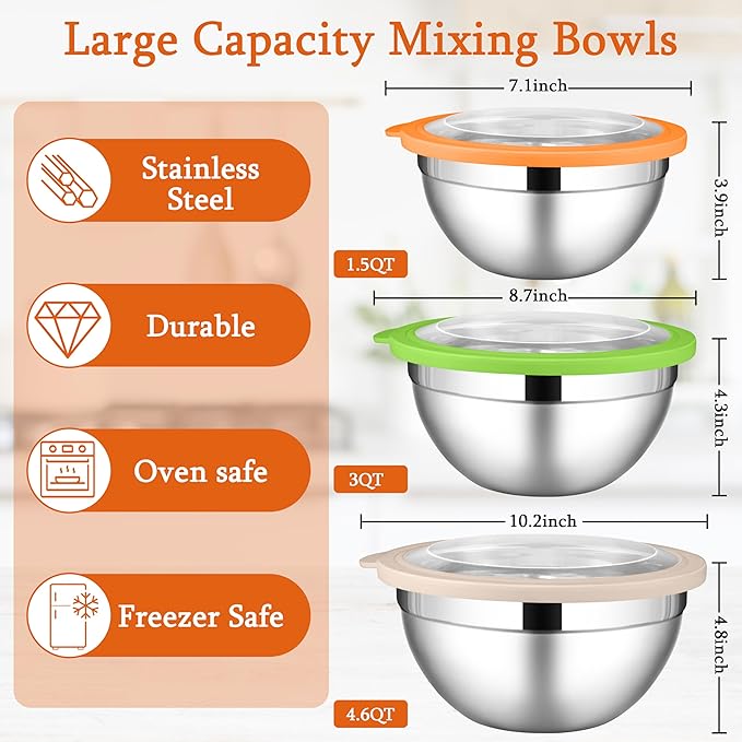 LIANYU Mixing Bowls with Lid Sets of 3, Large & Small Stainless Steel Metal Salad Mixing Bowls, 1.5 & 3 & 4.6QT Sizes For Kitchen Cooking, Baking, Storage, Food Prepping, Serving, Three-Color