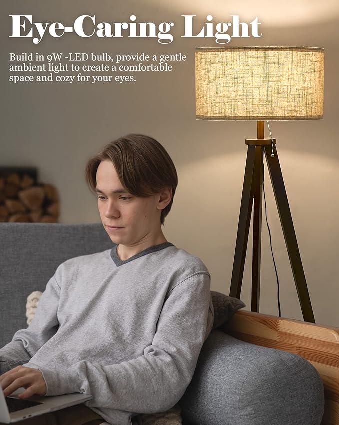 ELYONA Solid Wood Tripod Floor Lamp 3 Color Temperatures LED Blub Tall Standing Light with Table Mid Century Modern Corner Reading Floor Lamp for Living Room Bedroom Office Pull Chain Controls Brown