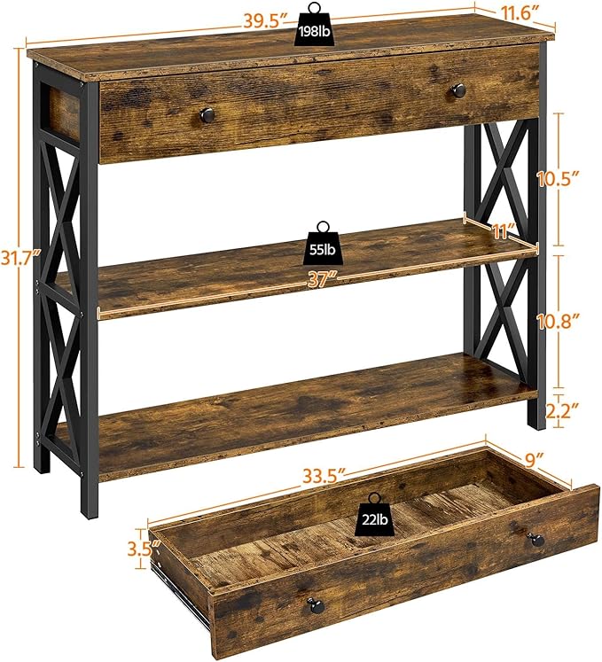 Yaheetech Console Table with Drawer, Entryway Table with 3 Tier Storage Shelves, Narrow Long Sofa Tables for Entryway, Living Room, Hallway, Couch, Kitchen, Metal Frame, Rustic Brown