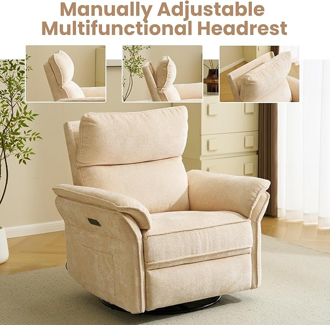 Oversized Power Recliner Chairs for Adults with Massage and Heat, Power Swivel Rocker Recliner Chair with Adjustable Headrest, 26" Extra Wide Rocker Nursery Recliner with USB Port, Beige