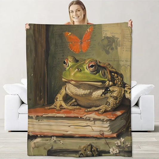 Frog Blanket for Women Men Adults, Flannel Frog Blankets Gifts, Butterfly Book Frog Throw Blanket for Sofa Couch Bed Living Room Soft Warm Cozy Frog Decor 40" x 50"