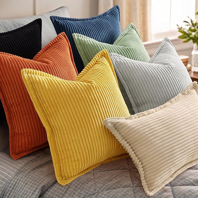 decorUhome Fall Corduroy Mustard Yellow Throw Pillow Covers 20x20 Set of 2 Decorative Soft Boho Striped Neutral Euro Farmhouse Couch Pillow Covers with Broadside for Living Room Bed Sofa