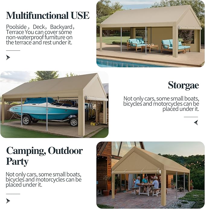 Shintenchi Portable Garage Canopy,10x20 FT Heavy-Duty Design Carport,Carport Canopy with Side-Opening Removable Door & Roll-Up Window,Portable Car Port for Car, Truck, Boat,Khaki