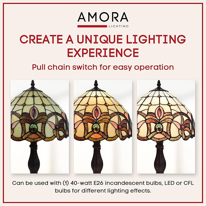 Amora Vintage Tiffany Table Lamp - Frosted White Stained Glass Nightstand Lamp - Geometric Table Night Light - 19” Stained Glass Lamps for Living Room