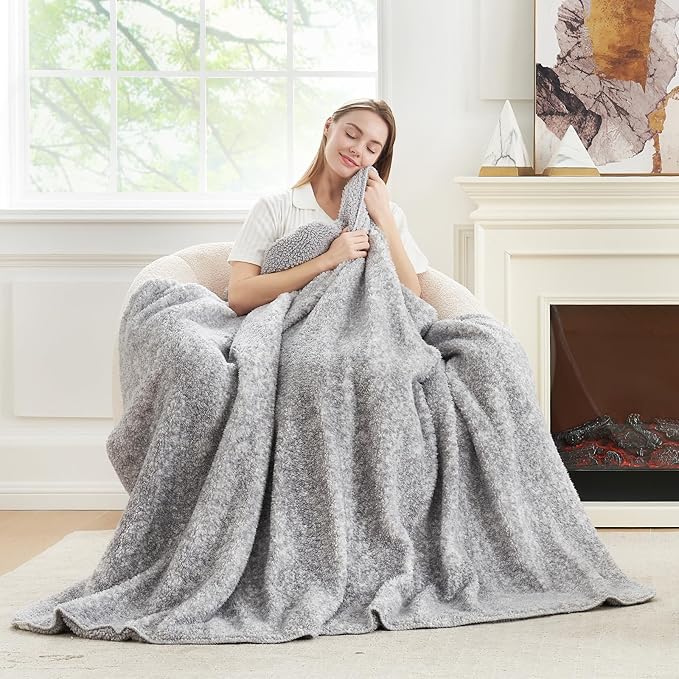 Cozy Bliss Ultra Soft Reversible Double Sherpa Sided Blanket, Fluffy Thick Warm Plush Fuzzy Blanket for Couch, Bed and Gifts (Mottled Grey, 50" x 60")