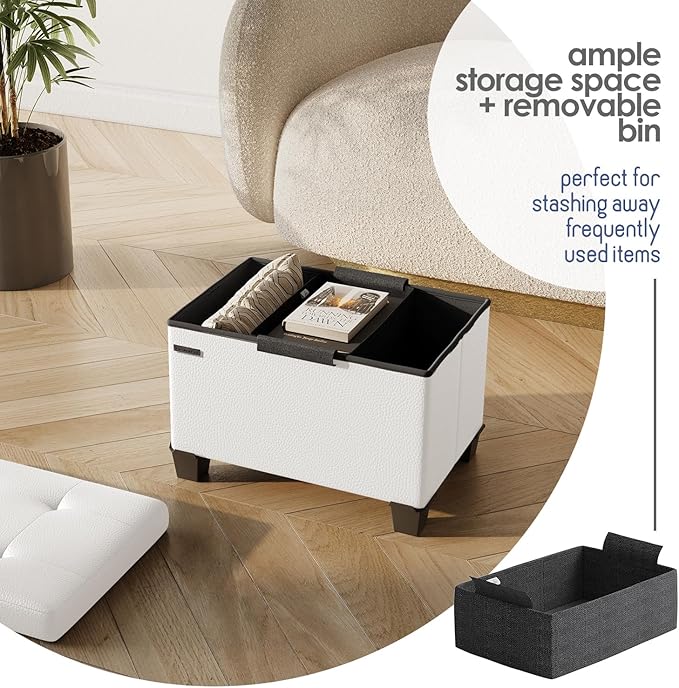 STORAGEBUD Storage Ottoman Cube with Small Bin, 16-in Square Ottoman with Storage for Living Room and Bedroom, Small Ottomans Foot Rest, Faux Leather Foot Stools Ottomans Max 330lbs, Cream