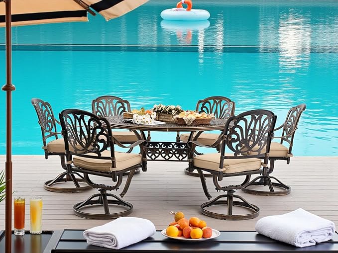 7 Piece Outdoor Dining Set Cast Aluminum, Retro Patio Dining Furniture Set for 6 Includes 54’’ Round Table 6 Chairs with Thicker Cushion and Umbrella Hole for Patio Deck Garden