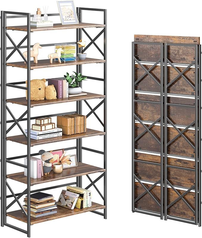 4NM 6 Tiers No Assembly Book Shelves, 61.8" H Folding Bookshelf Bookcase Open Industrial Foldable Shelves for Bedroom, Living Room, Home Office - Rustic Brown Black