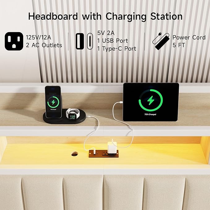 Ergonomic Headboard for King Size Bed with 2-Tier Storage, Upholstered Headboards with Outlets, USB Ports, LED Light, King Head Board Only, Height Adjustable, Sturdy and Stable, White