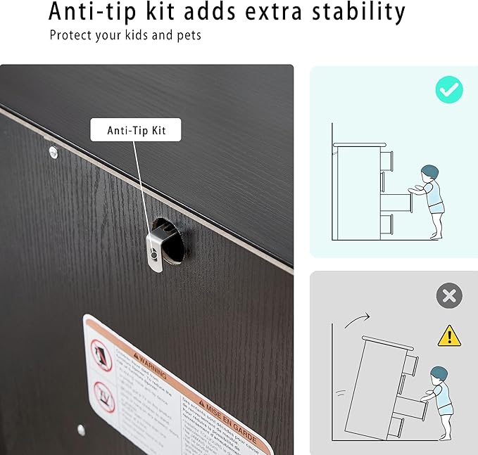 SOOWERY Dresser for Bedroom, Farmhouse Dresser with 2 Wooden Drawers and Storage Cabinets, 71 Inches Tall Chest of Drawers for Bedroom, Living Room, Hallway, Black