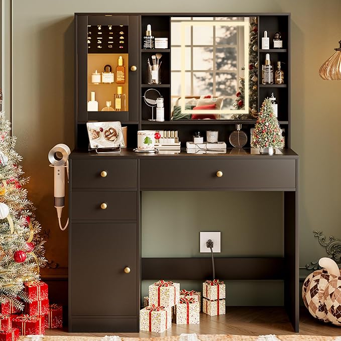 Vanity Desk with Mirror and Lights Makeup Vanity Desk with Lights 3 Colors 38" Dressing Table with Drawer and Cabinet for Bedroom Transparent Glass Top Power Outlet for Bedroom Black