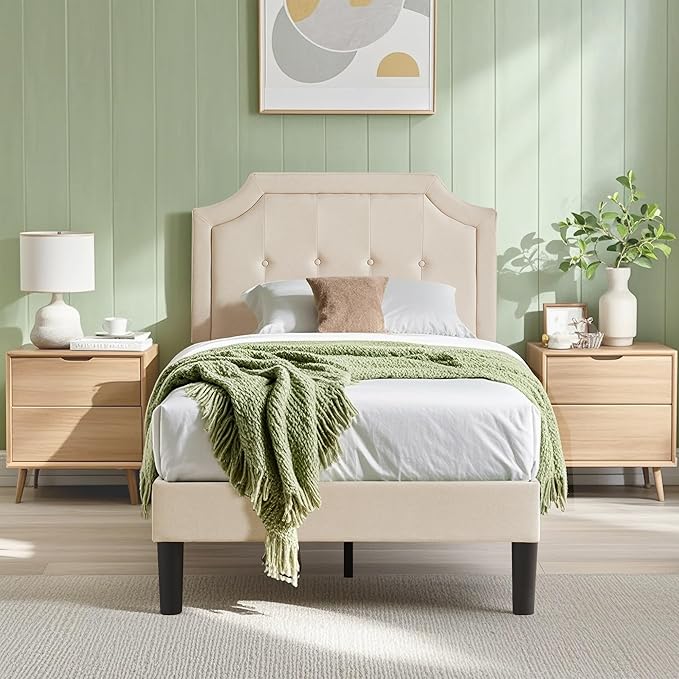 VECELO Twin Size Platform Bed Frame with Fabric Upholstered Headboard and Wooden Slats Support, No Box Spring Needed/Easy Assembly,Beige