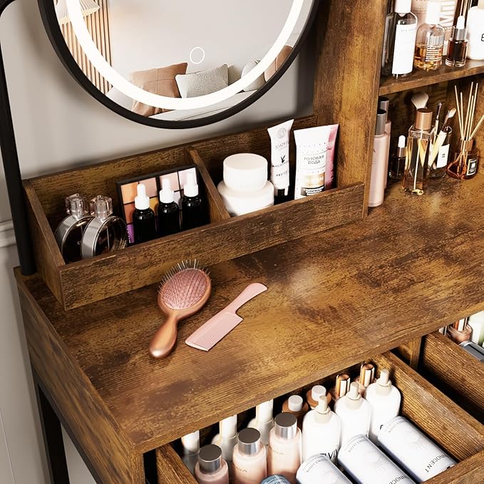 Makeup Vanity Desk with Round Mirror and Lights, White Vanity Makeup Table with 2 Drawers, Small Vanity Table for Bedroom with Lots Storage (Brown and Black, 15.75 * 31.5 * 53.6in)
