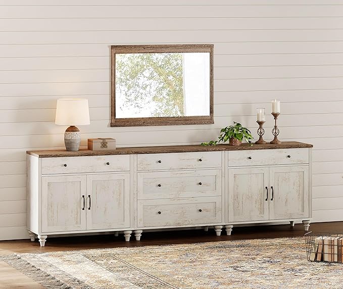 WAMPAT Farmhouse TV Stand for 100 Inch TV, 3-in-1 TV Console Table with 5 Drawers and 4 Doors, Entertainment Center, Kitchen Sideboard Buffet Cabinet for Dining Room, Rustic White