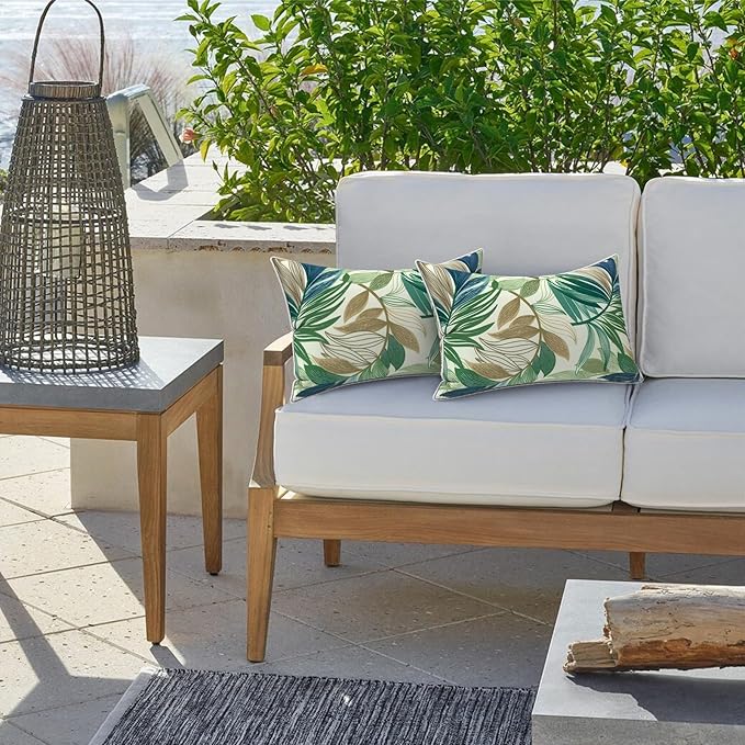 LVTXIII Outdoor Lumbar Pillow Covers 12"x20", Covers ONLY, 2 Pack 30x50cm Lumbar Cushion Cover with White Piping for Home Patio Garden Sofa Bench, Lush Leaf Green