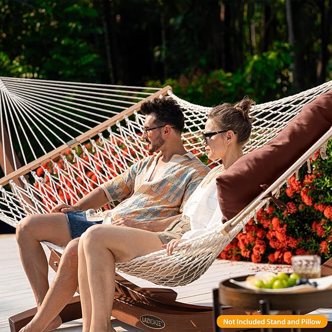Lazy Daze Hammocks 12FT Double Rope Hammocks, 2 Person Hand Woven Cotton Hammock with Spreader Bar for Outdoor, Indoor, Patio, Poolside, FIT 13-15 Foot Stand, Max 450 Lbs, Green, 141 x 57 inches