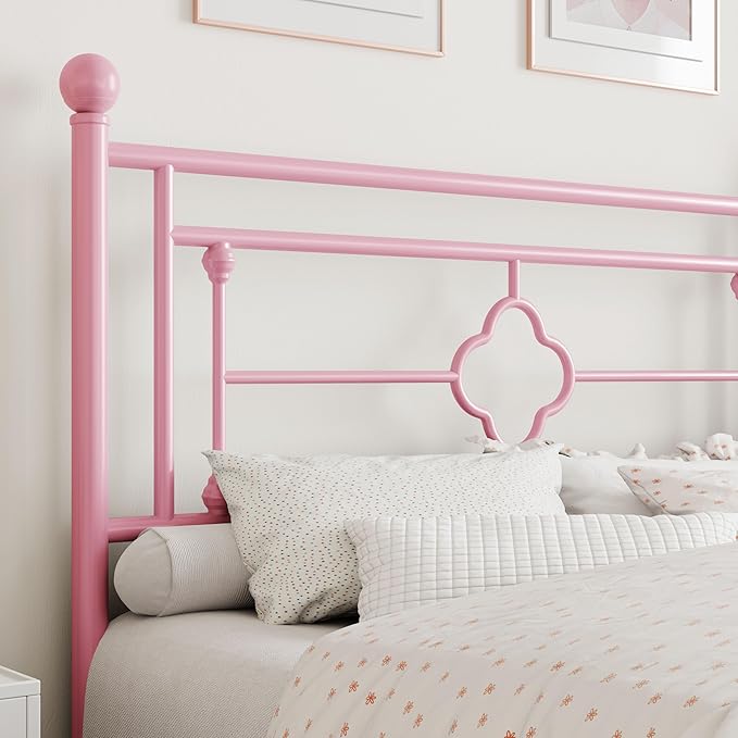 SHA CERLIN 14 Inches King Size Metal Platform Bed Frame/Vintage Iron-Art Headboard and Footboard/Mattress Foundation for Storage/No Box Spring Needed/Noise-Free/Easy Assembly/Pink