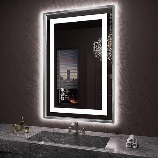 Amorho 24"X36" LED Bathroom Mirror, Brushed Nickel Framed Mirror with Front Light and Backlit, Stepless Dimmable, Anti-Fog, Shatter-Proof, Memory, 3 Colors