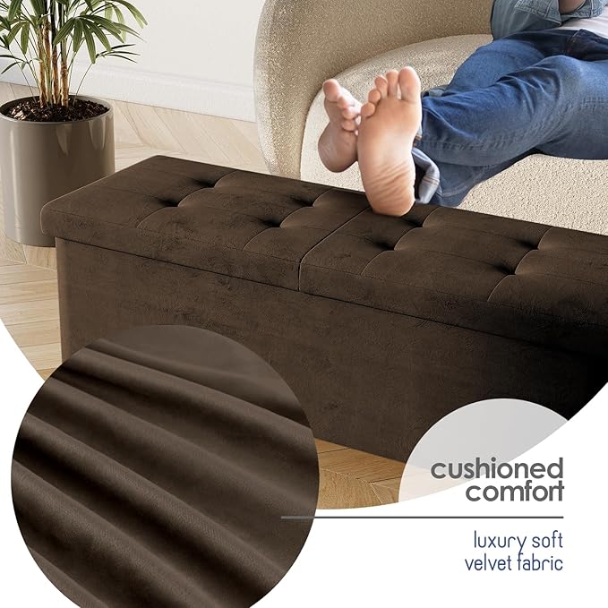 STORAGEBUD Storage Ottoman Bench with Bins, 43-in Storage Bench for Bedroom End of Bed, Folding Foot Rest Ottoman for Living Room Max 660lbs, Velvet Ottomans, Brown