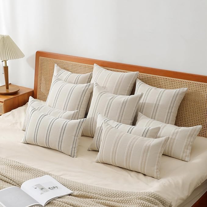 Hckot Decorative Pillow Covers 18x18 Striped Throw Pillows Textured Linen Pillow Covers Farmhouse Decor Cushion Covers for Couch Bed Living Room, Grey