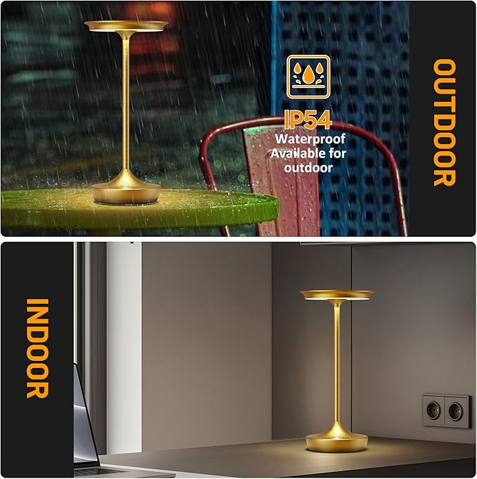 YHT Cordless Table Lamp, Restaurant Bedroom LED Rechargeable Stepless Dimming Desk Lamp, Outdoor Patio Portable 6000mAh IP54 Waterproof Table Light (Gold 2Pack)