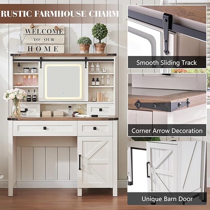 42'' Farmhouse Makeup Vanity Desk with Sliding Mirror and Lights, Glass Tabletop Vanity Table with Barn Door, 4 Drawers & Hidden Shelves, Rustic Big Vanity Women Dressing Table, Antique White