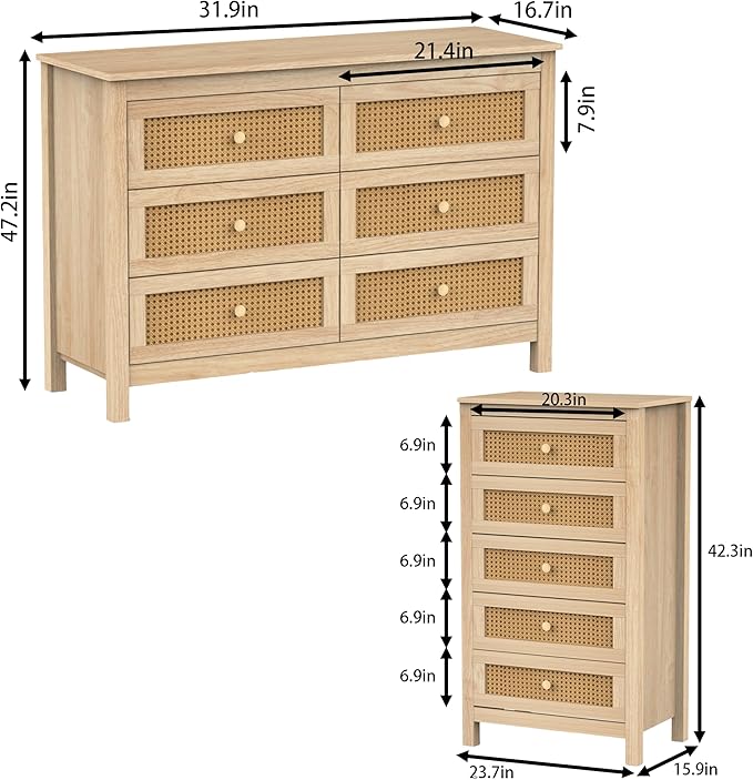 Farmhouse 6 Drawers Dresser with 2pcs 5 Drawer Dresser, Wood Double Dresser Chest of Drawers Wide Storage Organizer Cabinet for Bedroom, Living Room, Natural