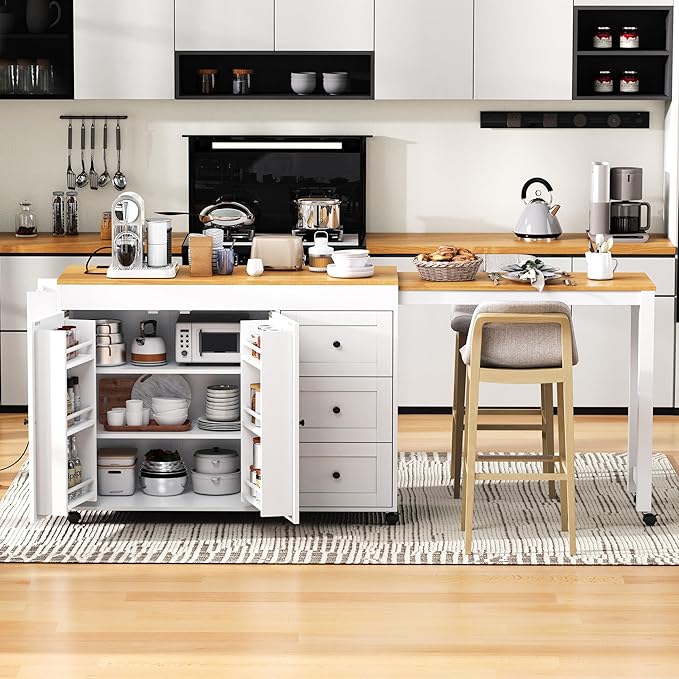 Kitchen Island with Extendable Dining Table, Kitchen Storage Cart with 3 Drawers, Power Outlet, Rolling Kitchen Island on Wheels with Spice Rack and 2 Door Cabinet,for Kitchen (White@01)