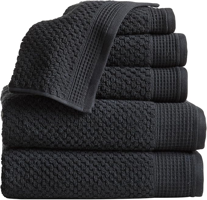 Belle Collection 6 Piece Waffle Textured 100% Cotton Towel Set | Super Soft Quick Dry Bath & Hand Towels | Decorative Washcloths for Bathroom (Black)