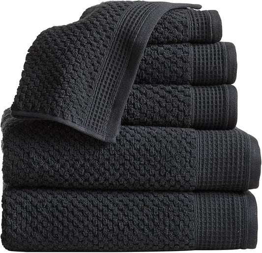 Belle Collection 6 Piece Waffle Textured 100% Cotton Towel Set | Super Soft Quick Dry Bath & Hand Towels | Decorative Washcloths for Bathroom (Black)