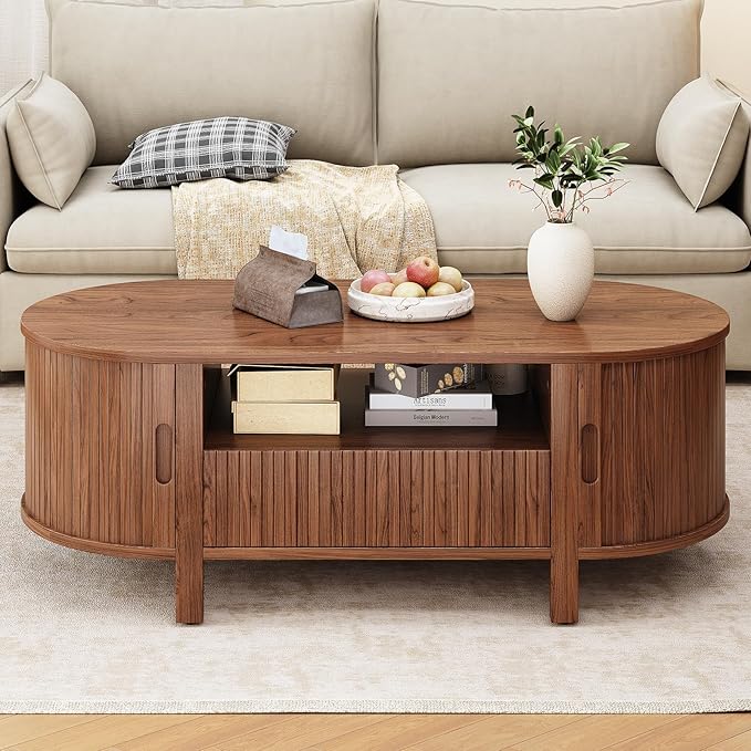 47.2 Inch Oval Coffee Table with Storage, Mid Century Modern Coffee Table with Drawer, Center Table with Sliding Door and Wood Fluted Handle for Living Room, Walnut