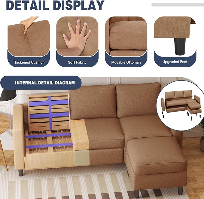 Shintenchi Small Sectional Couch Sofas, 3 Seat L Shape Sofa with Ottoman, Fabric Upholstered Convertible Sofa Couches, Small Couch for Apartments, Living Room and Office (Brown)