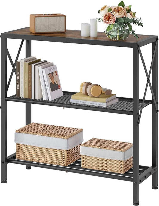 Hoctieon Industrial Console Table, 3-Tier Entryway Tables, Metal Frame, Sofa Table with Shelf, Hallway Tables, Entrance Desk for Entryway, Living Room, Foyer, Hallway, Rustic Brown&Black