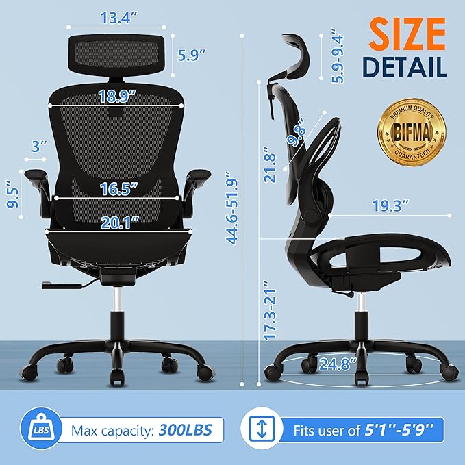 GABRYLLY Ergonomic Mesh Office Chair, Adjustable Home Desk Chair with Folding Armrest, 2D Headrest, Soft Seat and PU Wheel, Black Swivel Task Chair for Office, Business, Student (GY1108)