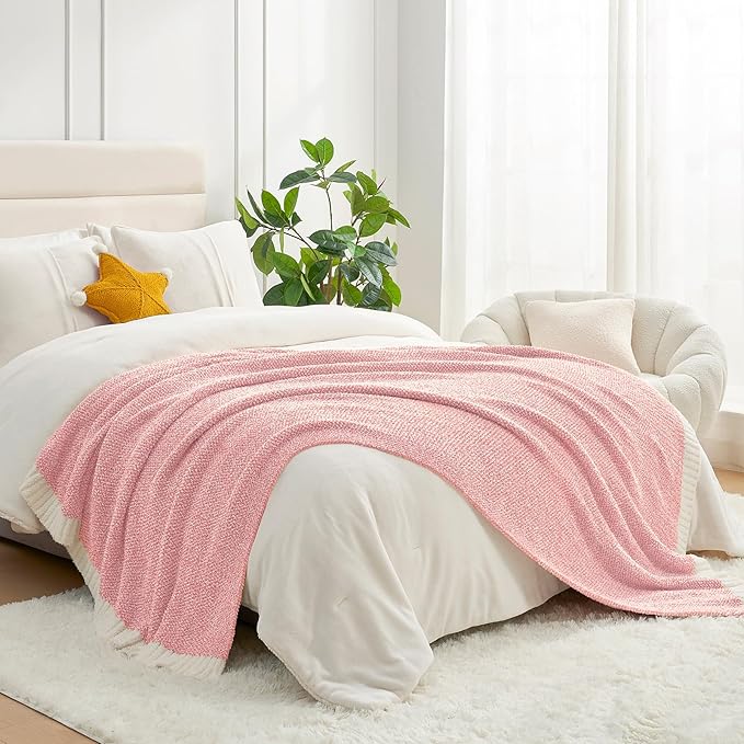 Snuggle Sac Buttery Pink Throw Blanket for Couch, Reversible Super Soft Knitted Blankets, Warm Cozy Knit Fuzzy Plush Lightweight Throws Dupes for Sofa, Bed, Picnic, Pink, 50 x 70 inches