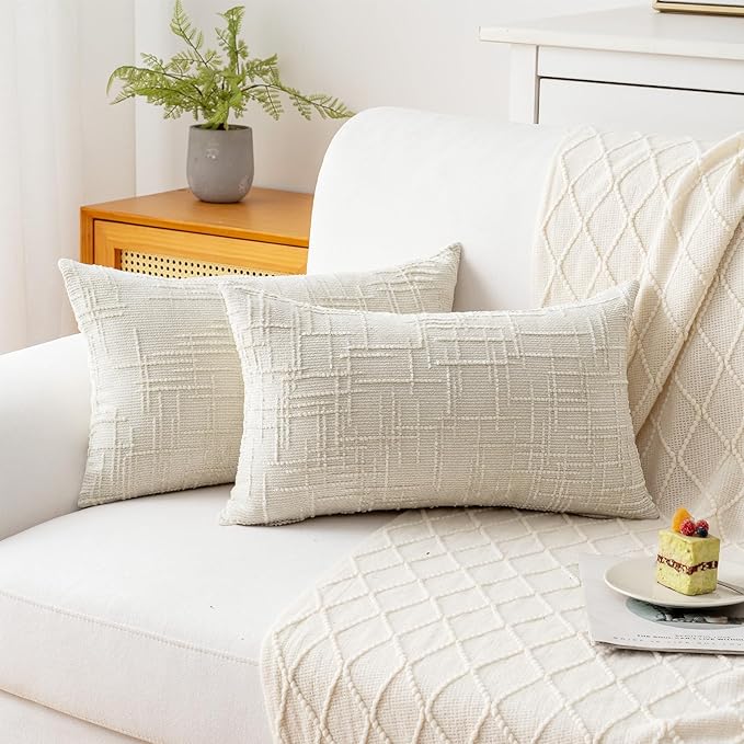 Decorative Throw Pillow Covers 12x20 Inch Set of 2, Thick Solid Farmhouse Chenille Couch Pillows, Spring Pillow Covers for Couch Sofa Bed Living Room Home Decor Pillowcase,White
