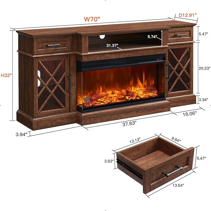 OKD 3-Sided Glass Farmhouse Fireplace TV Stand for TVs up to 80'', Highboy Entertainment Center with Glass Door Storage Cabinet, 70'' Large TV Stands with 36'' Electric Fireplace, Reclaimed Barnwood