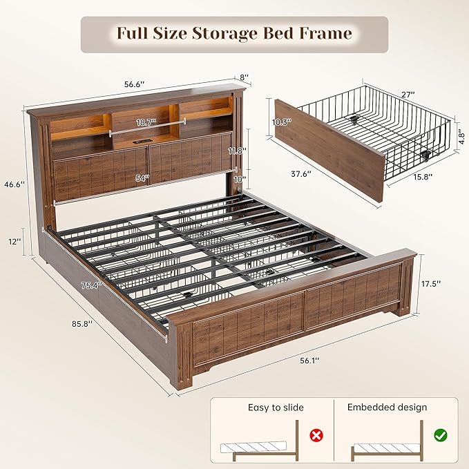 EnHomee Full Size Bed Frame with Headboard and Storage, 4 Drawers and LED Built in Charging Station Full Bed Frame with Storage Farmhouse, NO Noise,No Box Spring Needed,Brown