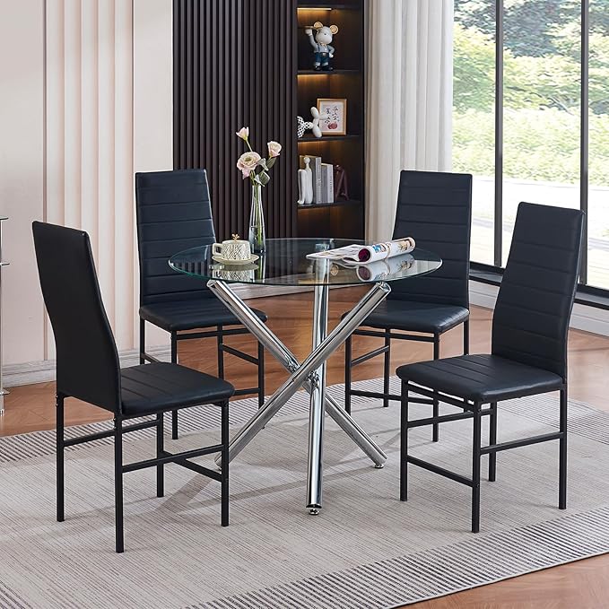 5-Piece Round Glass Dining Table Set for 4 Modern Kitchen Table with 4 Dining Chairs Set Round Circle Table and PU Upholstered Chairs Set for Small Space/Kitchen/Apartment