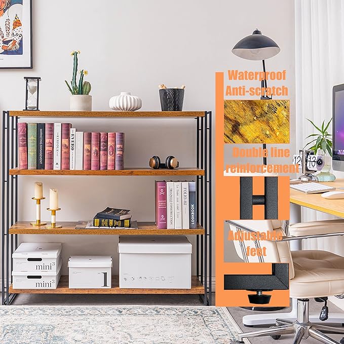 Bookshelf, 4 Tier Tall Bookcase, Industrial Book Shelf for Living Room, Home Office, Kitchen, Rustic Brown