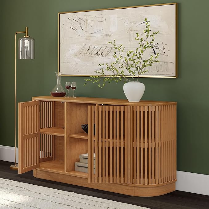 Plank+Beam Contour Wood TV Stand, Two Door Solid Wood Entertainment Console with Storage, 59" L x 16" W x 30" H, Pecan