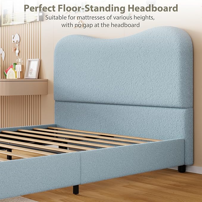 Queen Bed Frame for Kids with Velvet Upholstered Headboard, Cute Low Profile Platform Bed for Girls and Boys, No Box Spring Needed, Strong Wooden Slats, Noise Free, Easy Assembly, Blue