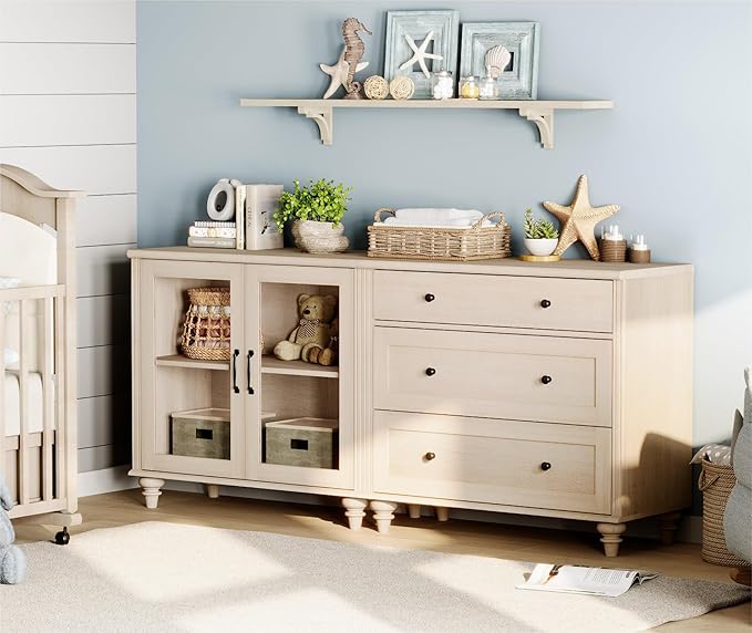 WAMPAT TV Stand for 75 Inch TV, Wood TV Cabinet Entertainment Center Television Stands for Living Room, 2-in-1 Sideboard Buffet Cabinet with Glass Door & Drawer for Kitchen, Light Oak